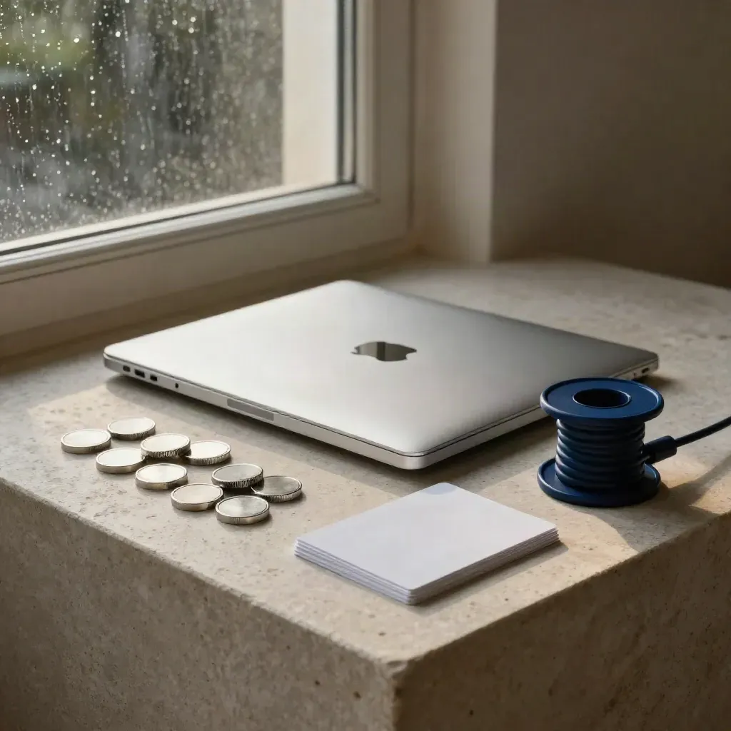 Silver ultrabook, planning tokens, prototype cards, and cable spool on a stone plinth in rain-lit studio