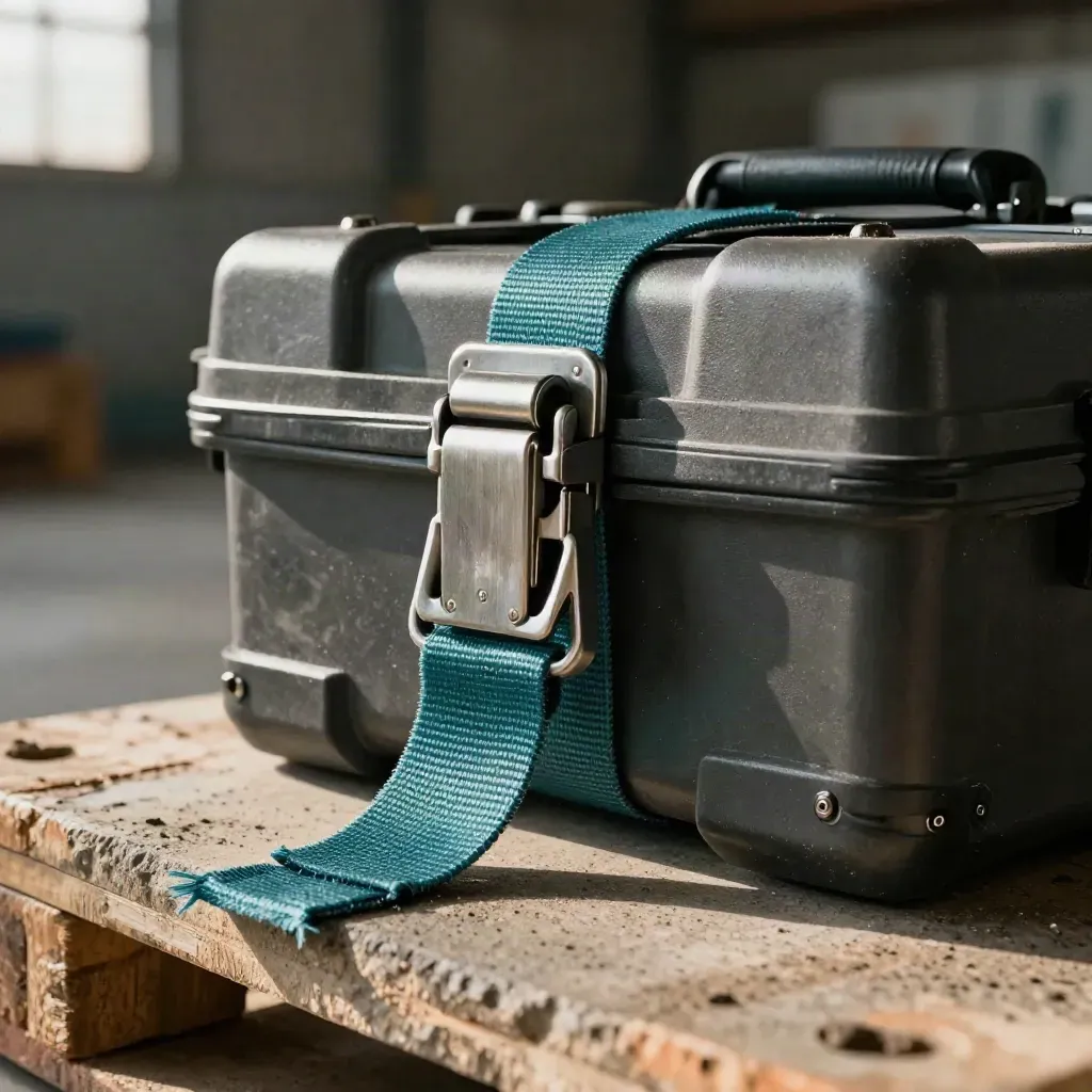 Close-up of a steel latch, pallet guards, and teal strap buckle on concrete.