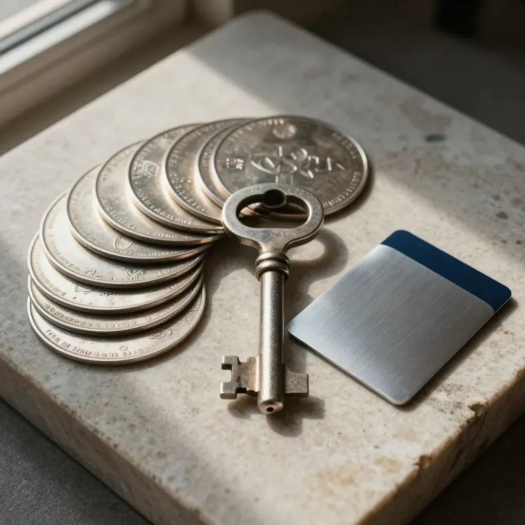 Fintech still life of metal payment discs, a vault key, and an aluminum card sleeve on pale stone.