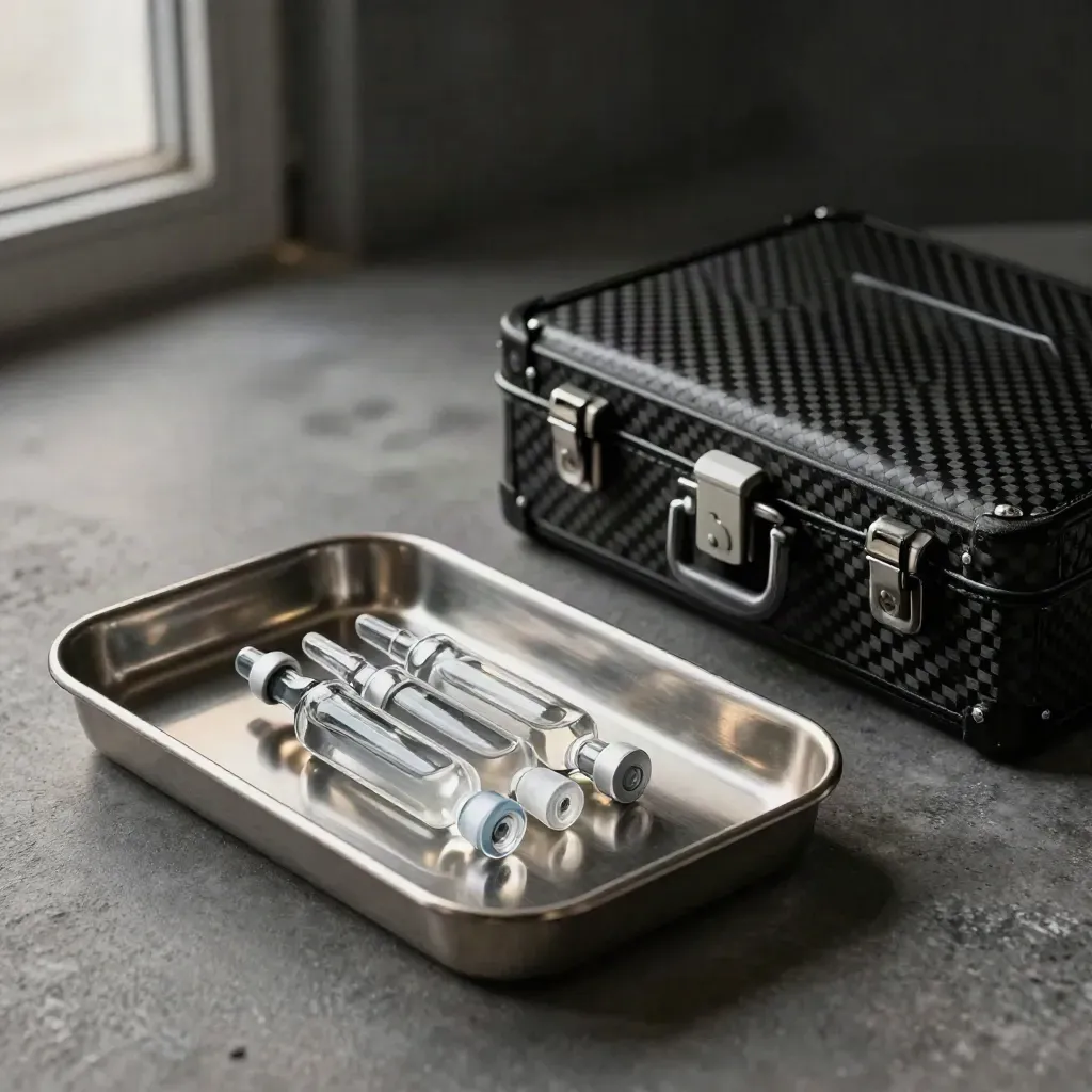 Glass ampoules and a carbon-fibre case in a dramatic steel-tray still life.