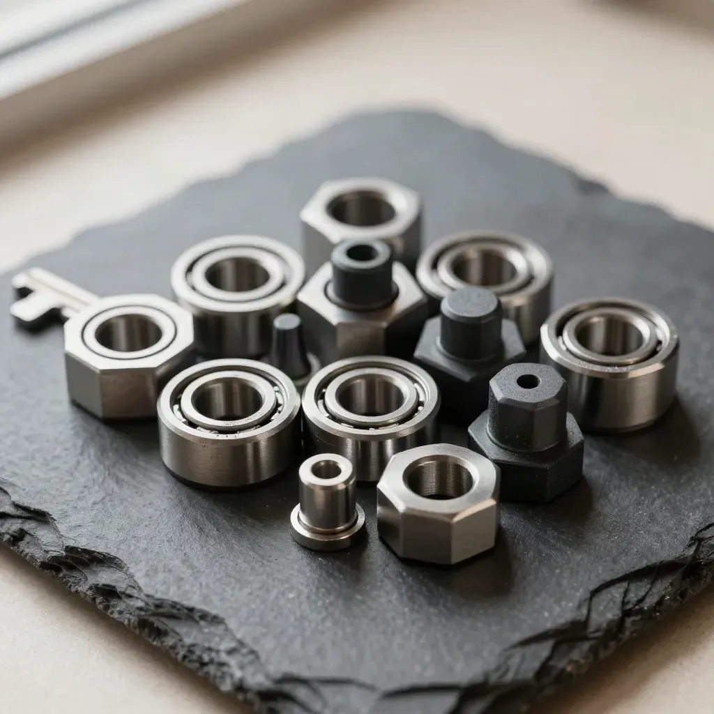 Macro flatlay of machined bearing races, spacers, and fasteners on slate stone