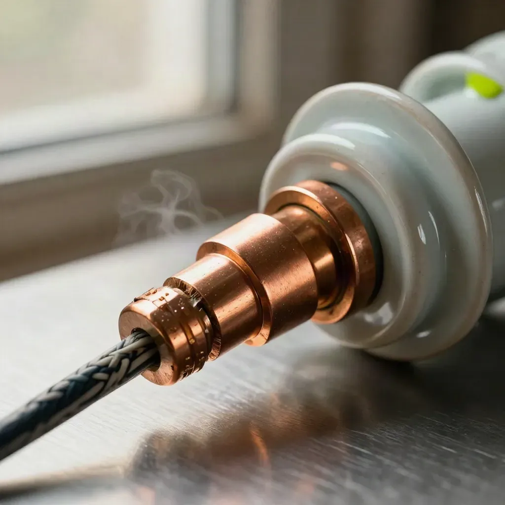 Macro still life of copper ferrules, ceramic insulators, and a lifted braided cable end on brushed metal.