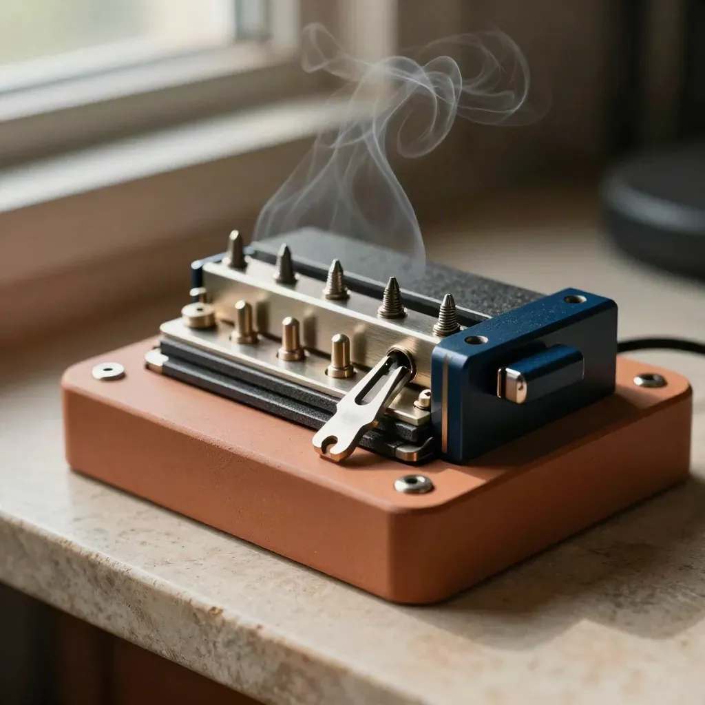 Macro of a spring-loaded test fixture and relay module cycling on a terracotta bench.