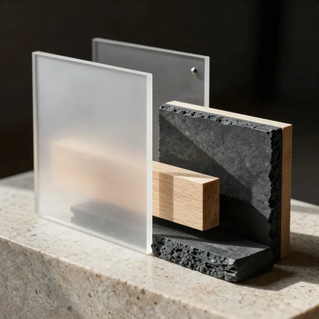 Frosted acrylic panels, basswood slats and graphite blocks on travertine in dramatic studio light.