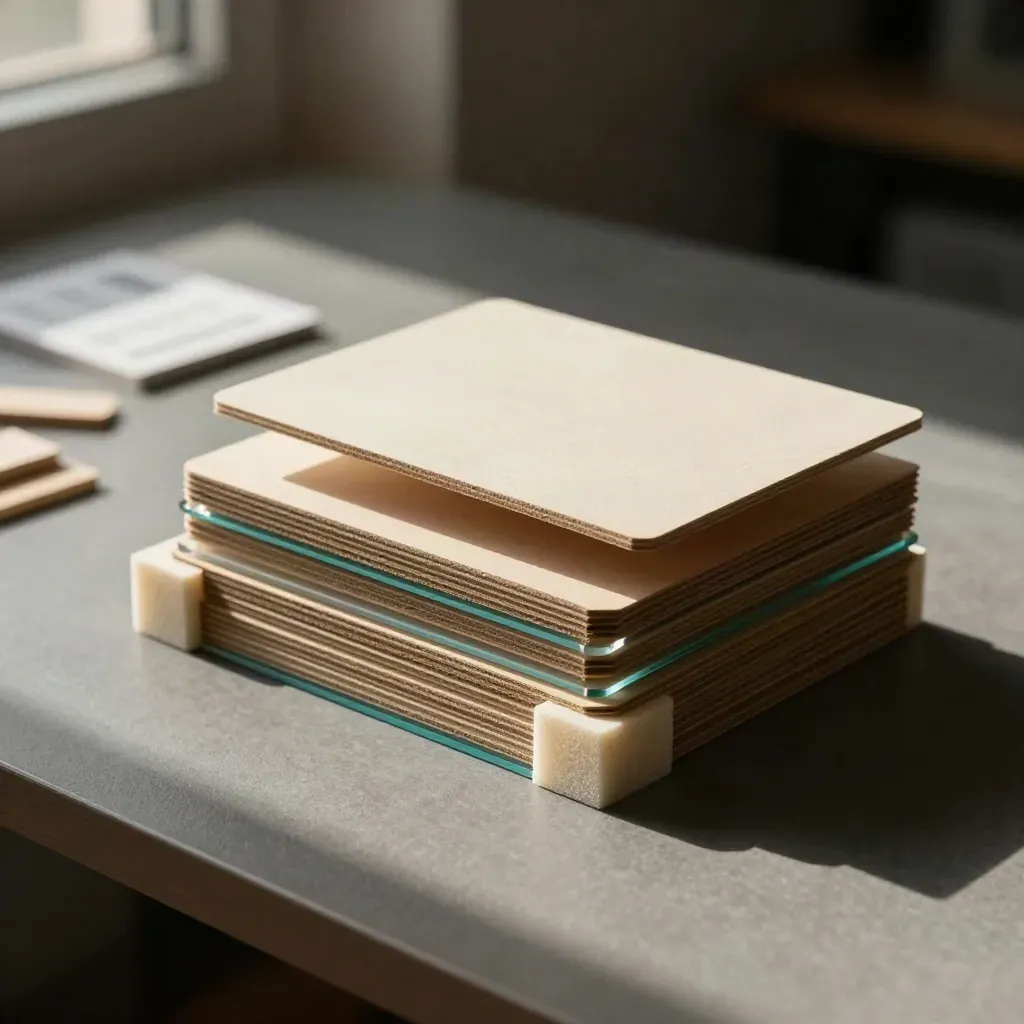 Folded chipboard prototype screens with foam blocks and acrylic spacers on a graphite bench.