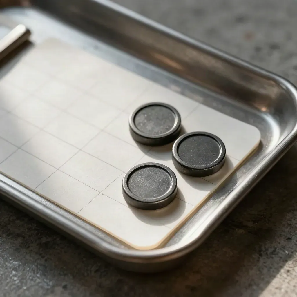 Overhead macro of graphite sprint tokens and adhesive tabs in a steel tray.