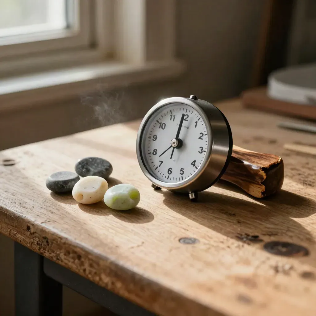 Top-down timer, wooden talking piece and sorting stones on oak with warm light.