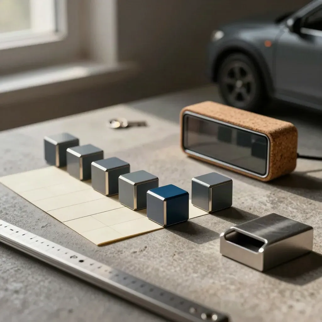 Magnetic task cubes, cards and a cork timer on a dim studio rail, lit dramatically.