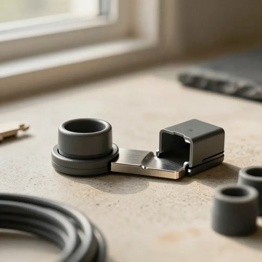 Cable-routing clips, desk grommet and aluminum organizer channel in a premium macro still life.