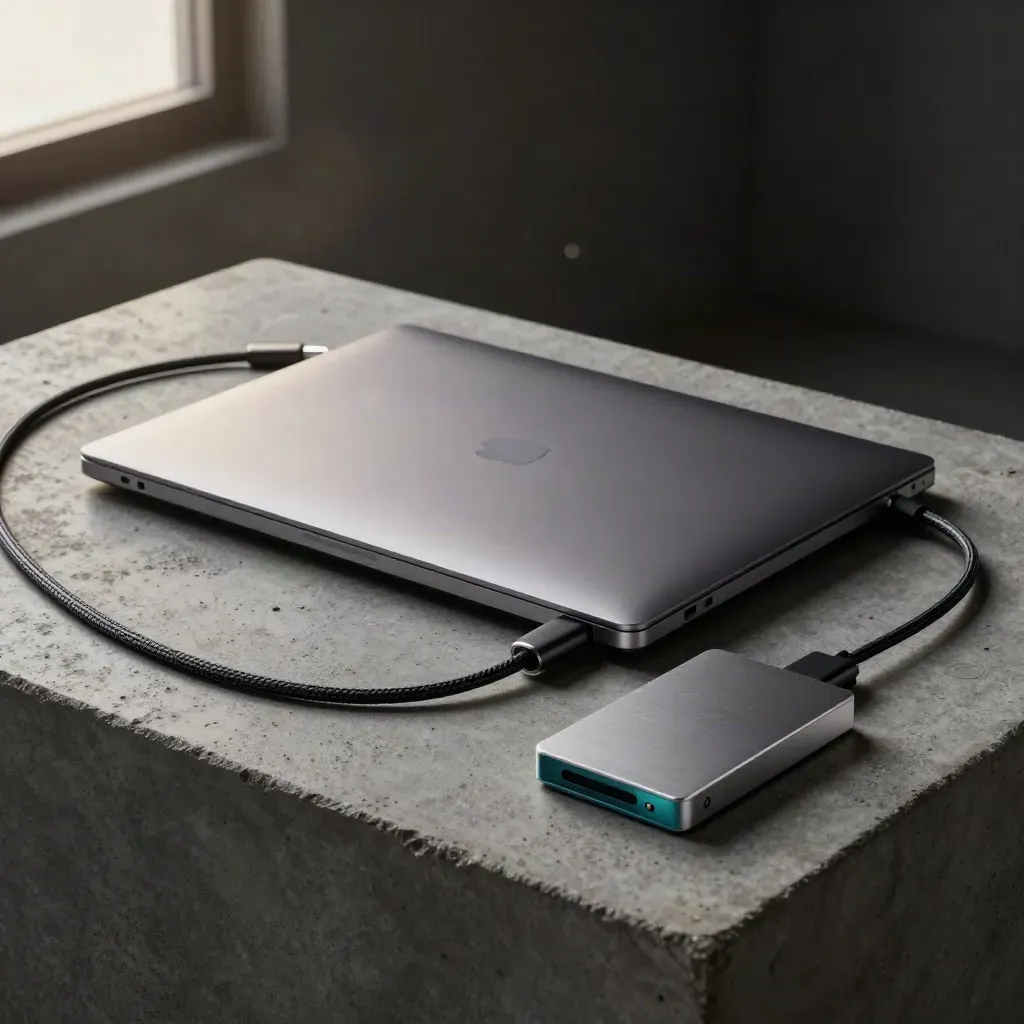 Closed laptop, braided cable, SSD and hub on concrete with dramatic studio light