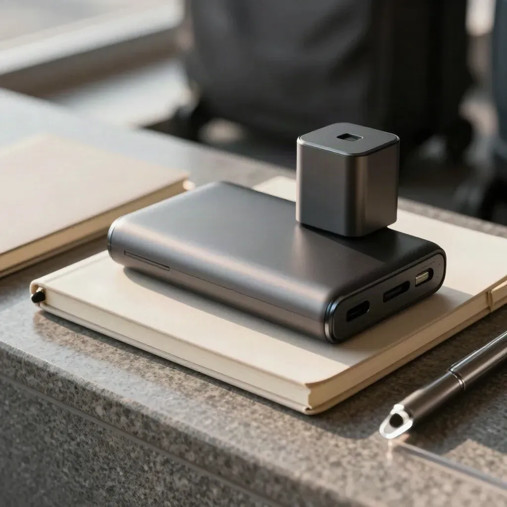 Travel kit still life with power bank, adapter, notebook and pen cap behind acrylic divider.