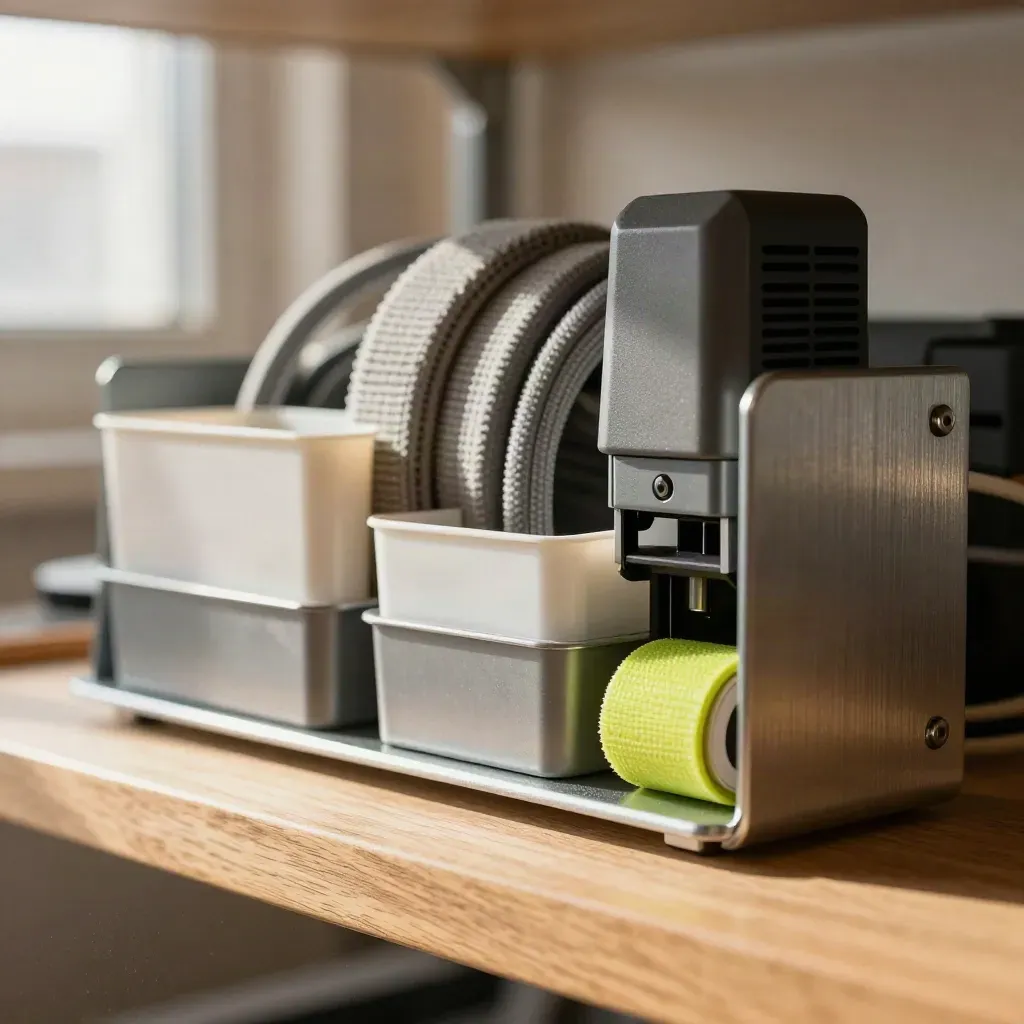 Macro still life of shelf brackets, cable wraps, router brick, and storage bins on oak