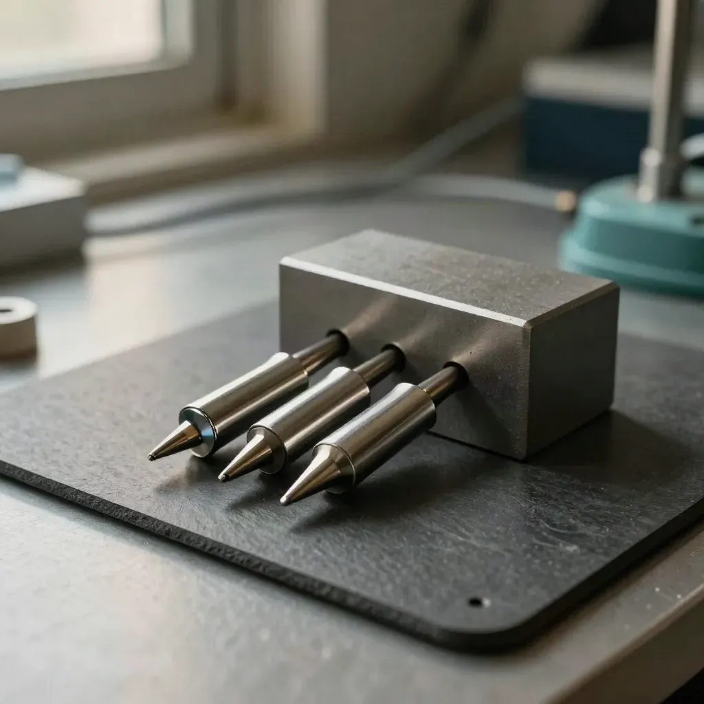 QA probe tips and calibration block on an ESD mat corner in dramatic studio light.