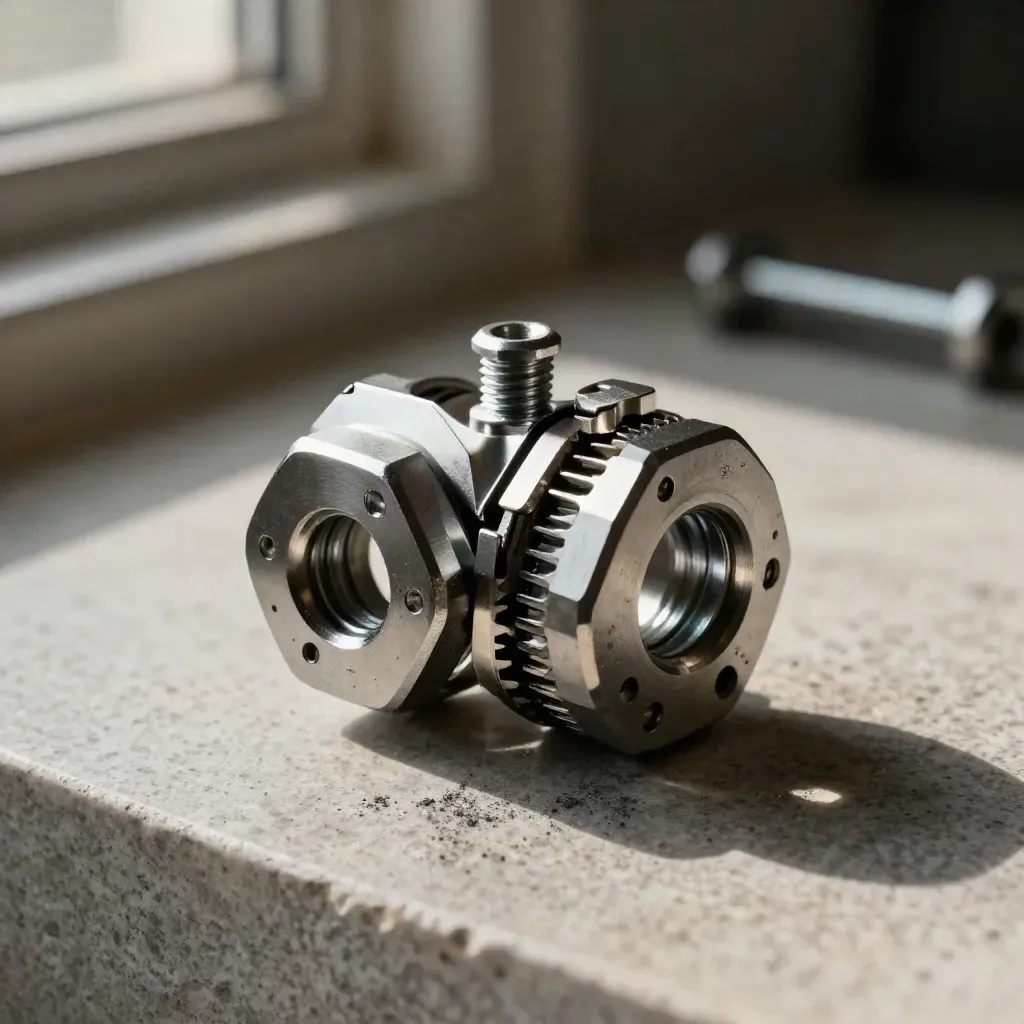 Machined gear couplers and hex screws locking together on a limestone plinth.