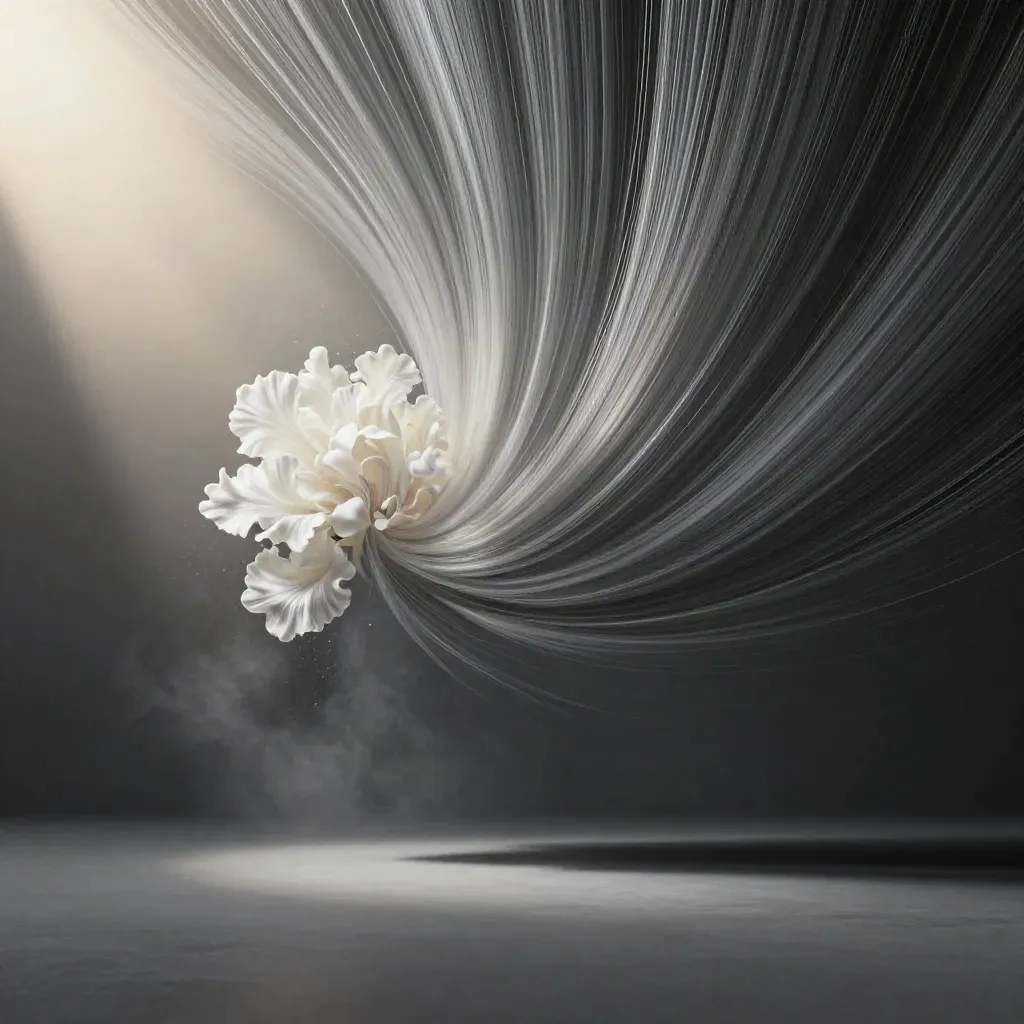 Silver filaments converge into a soft white bloom in dark graphite haze.