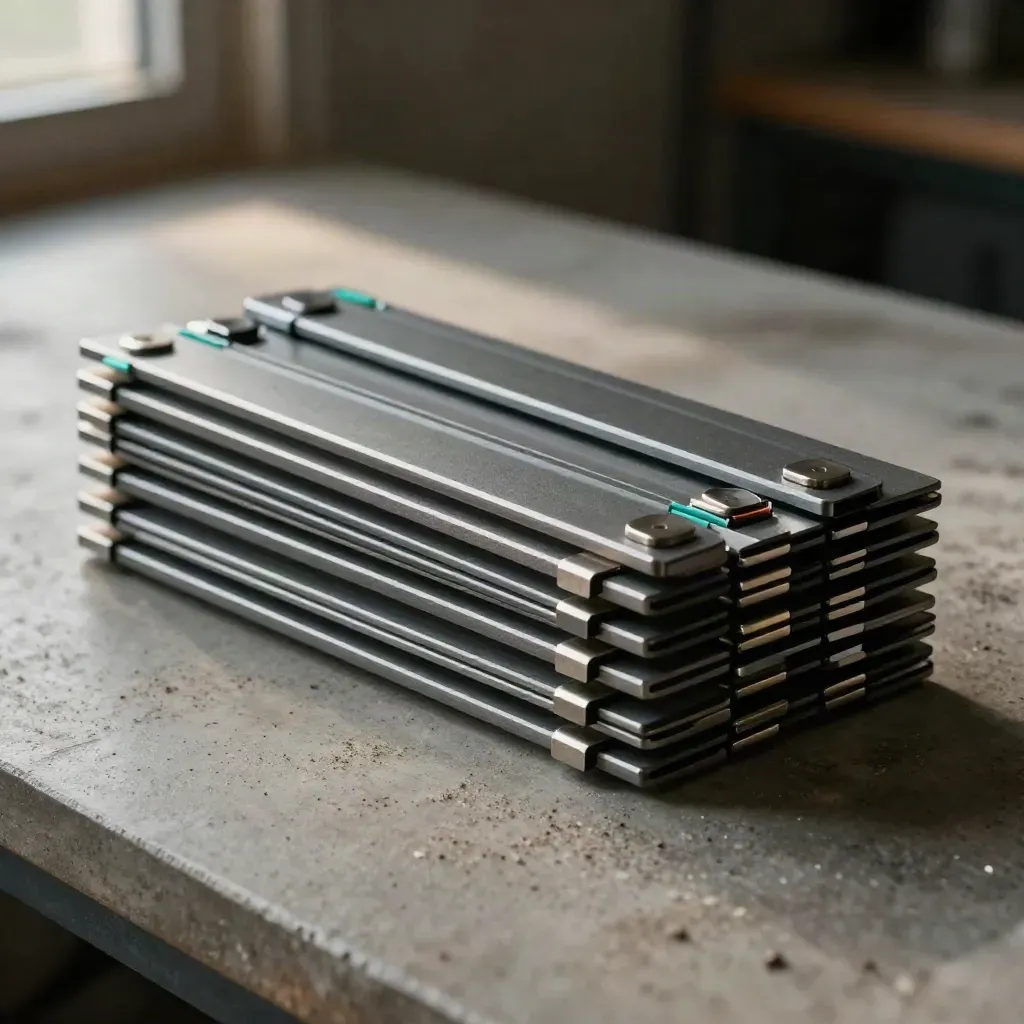 Graphite task rails with magnetic markers and steel clips on a concrete workbench, close side-on.