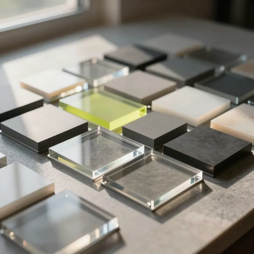 Premium overhead still life of acrylic tiles, aluminum spacers, rounded blocks, and a lime accent.